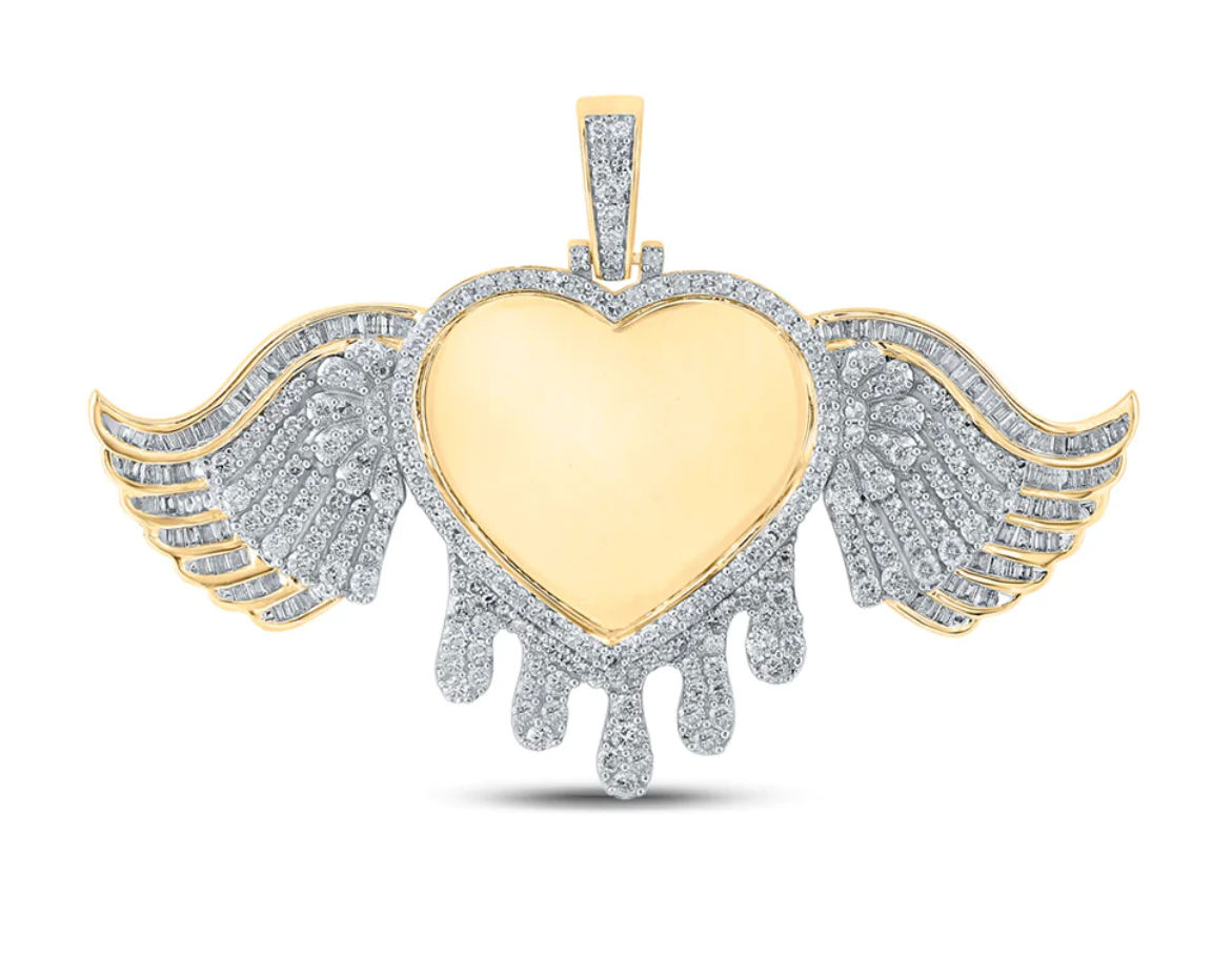 10kt Baguette Diamond Dripping Memory Heart Charm Pendant 2-1/2 CTTW